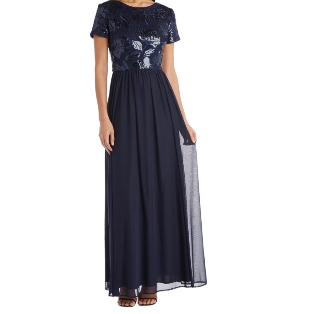 R&M Richards Navy Blue Sequined Bodice Short Sleeve Mesh Skirt Formal Dress - Picture 2 of 13